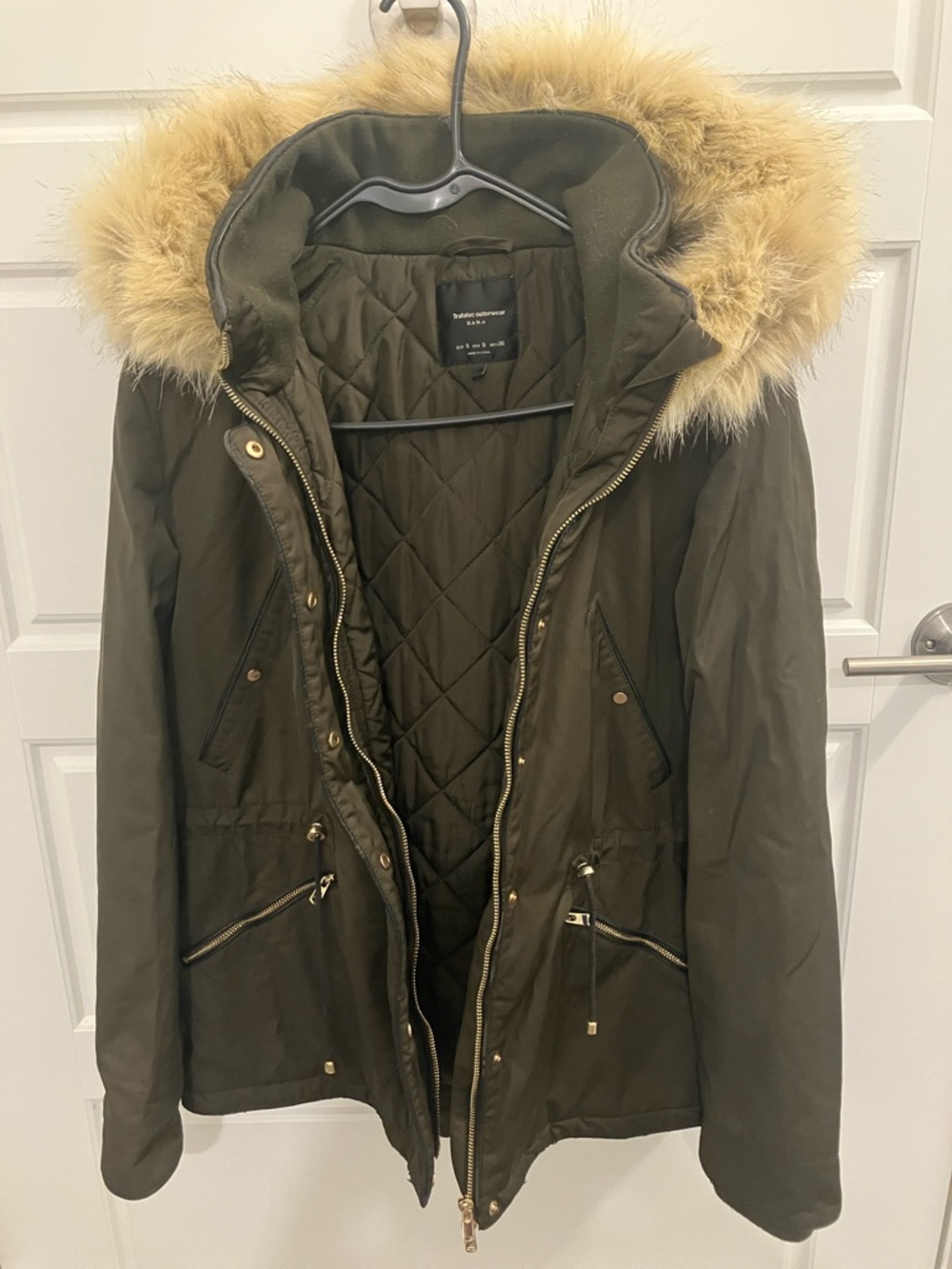 Zara Olive Green Puffer Jacket with Faux Fur Hood Trim